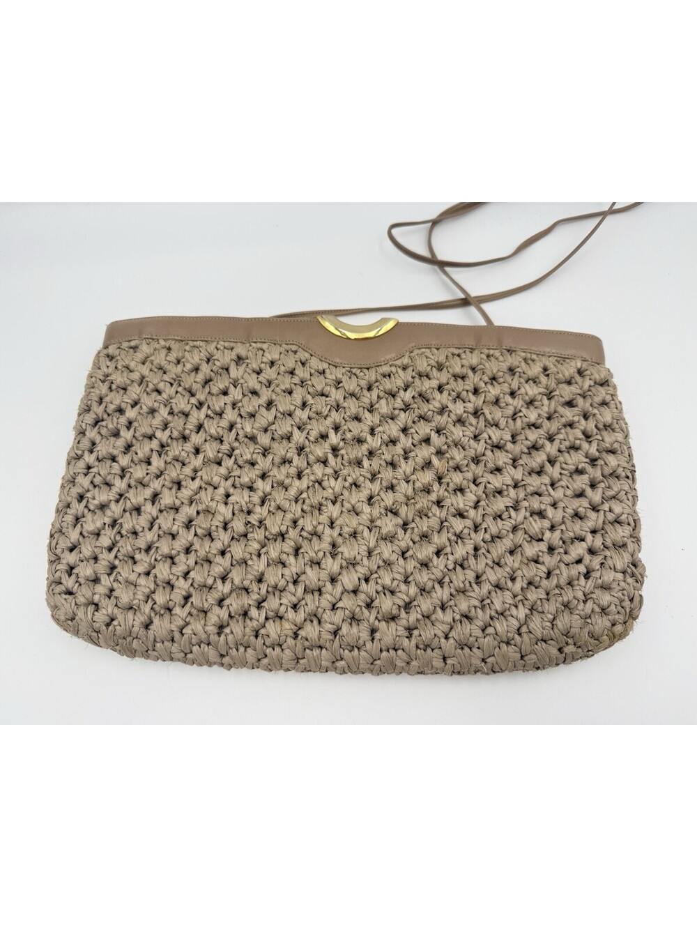 Morris Moskowitz Raffia Crochet Woven Straw Purse Beige Gold Metal Hinge VTG